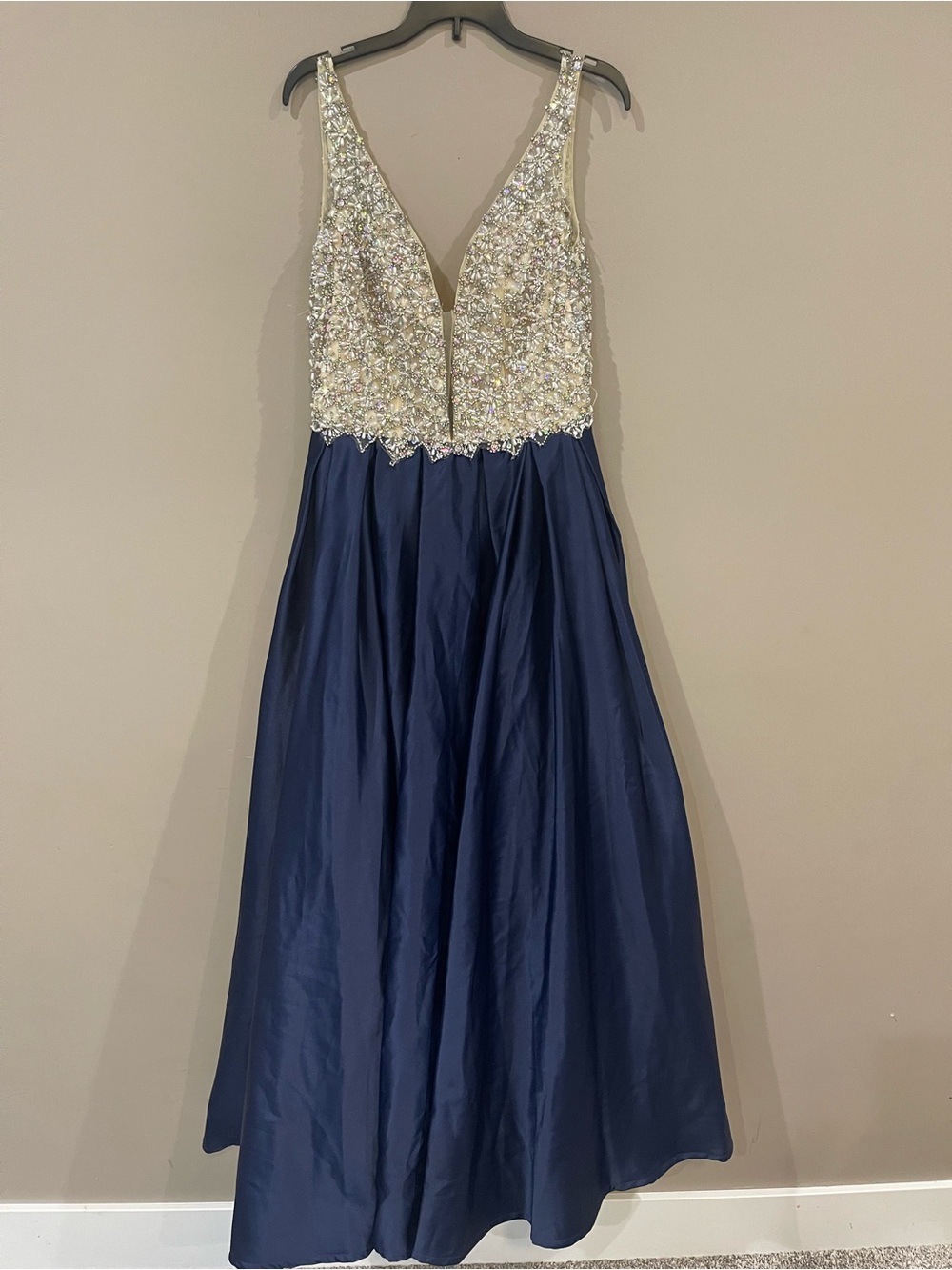Embellished V-Neck Navy and Silver Evening Gown